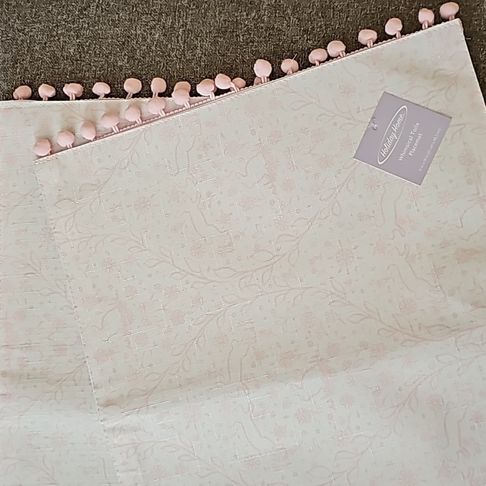 🐰HOLIDAY HOME Easter Bunny Whimsical Toile Placemats (2) Pink Pom